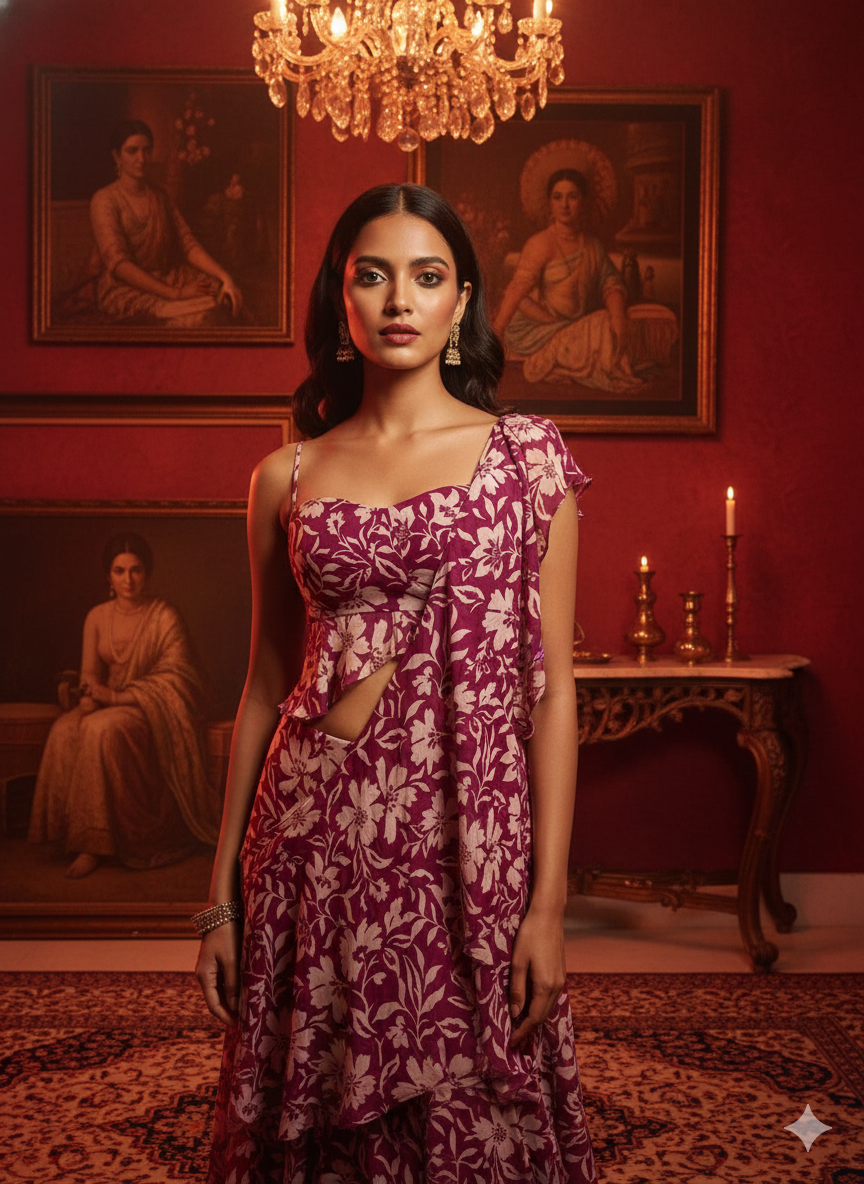 Plum Mini peplum Drape Saree