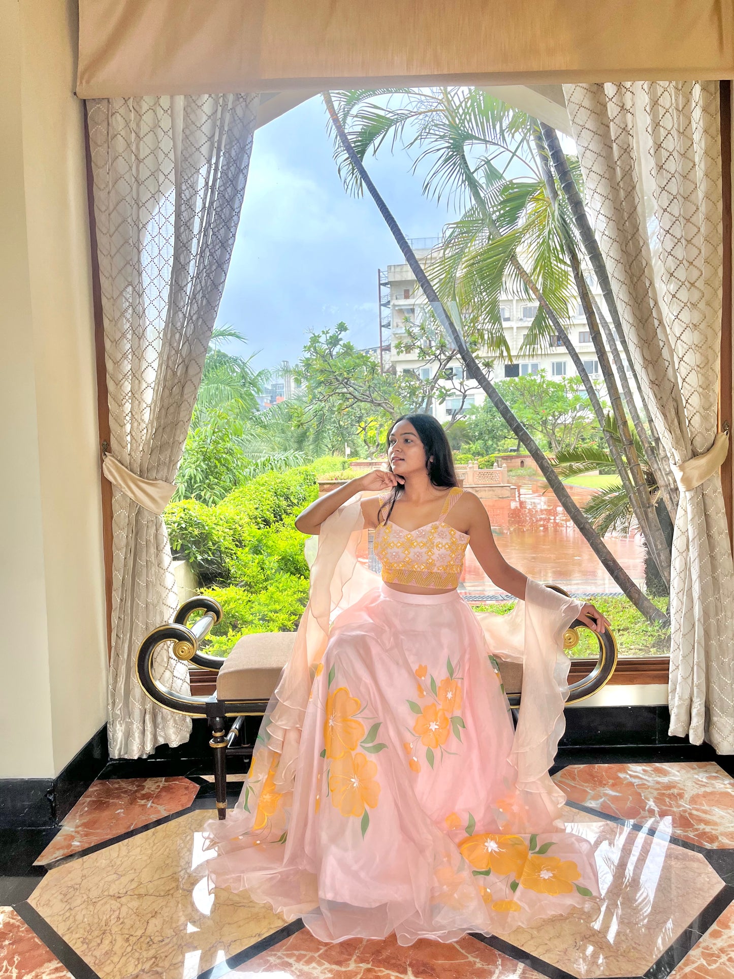 Champagne hand painted lehenga Set