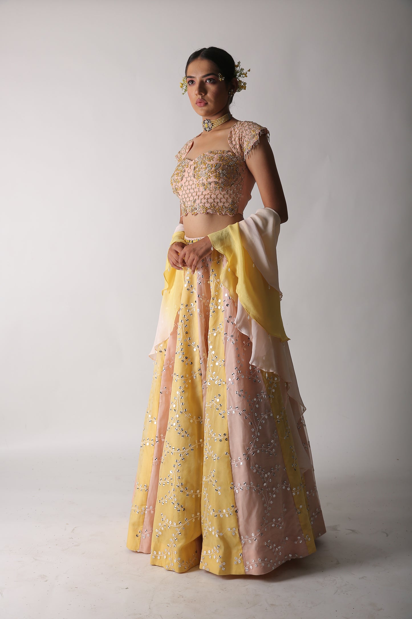 Pastel Yellow & Peach Lehenga Set