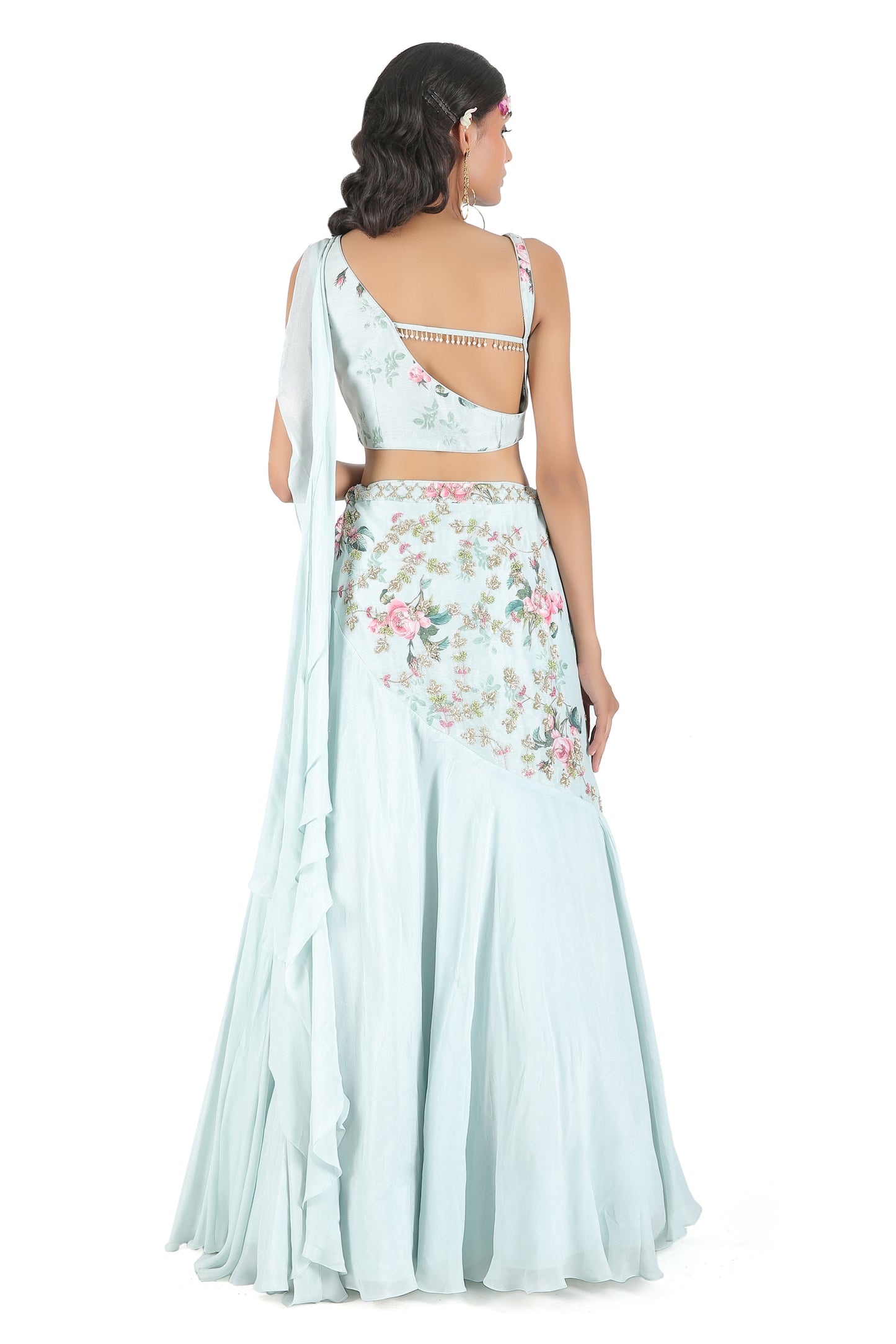 Pastel Blue Embroidered Fusion Lehenga Set