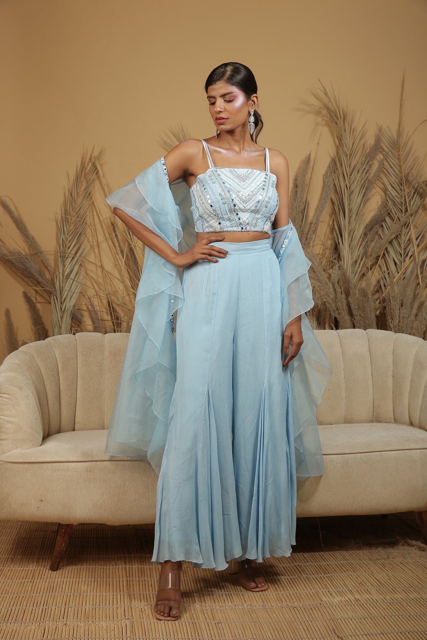Powder Blue Organza Ruffled Jacket Set