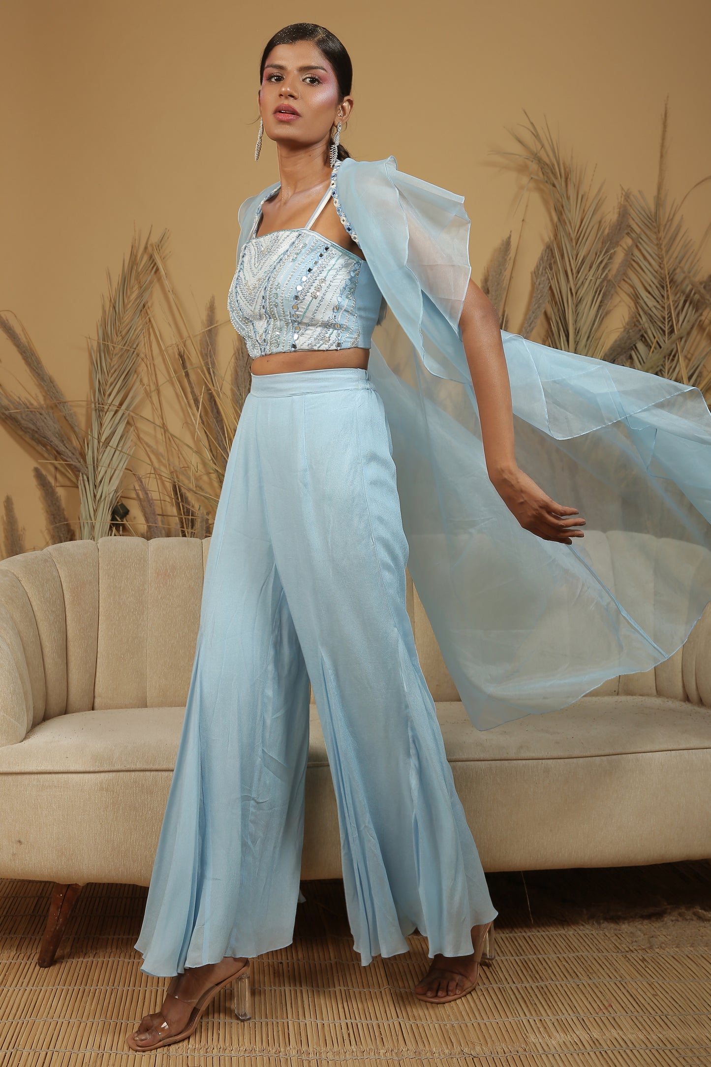 Powder Blue Organza Ruffled Jacket Set