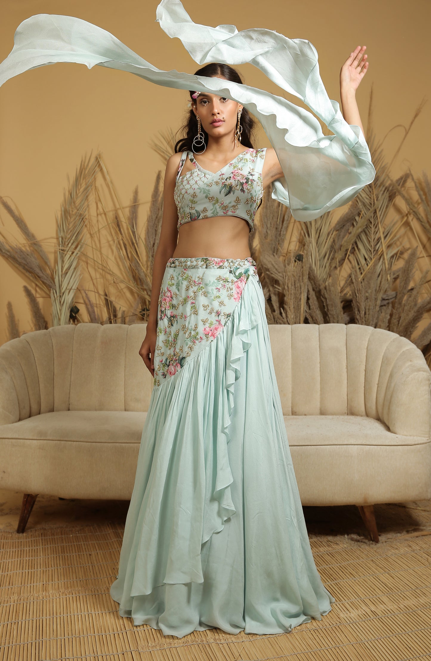 Pastel Blue Embroidered Fusion Lehenga Set