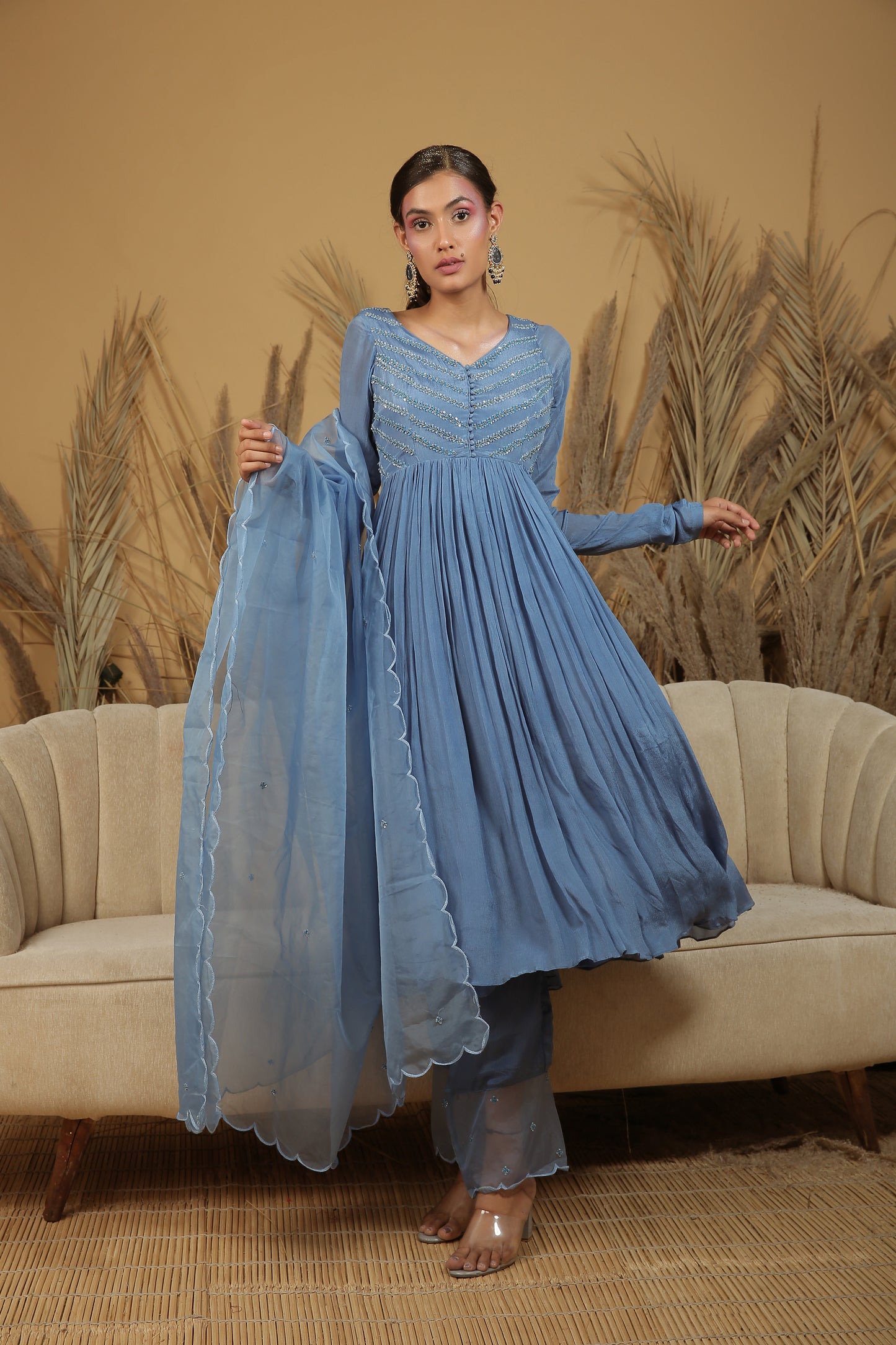 Bright Cobalt Blue Hand Embroidered Anarkali Set