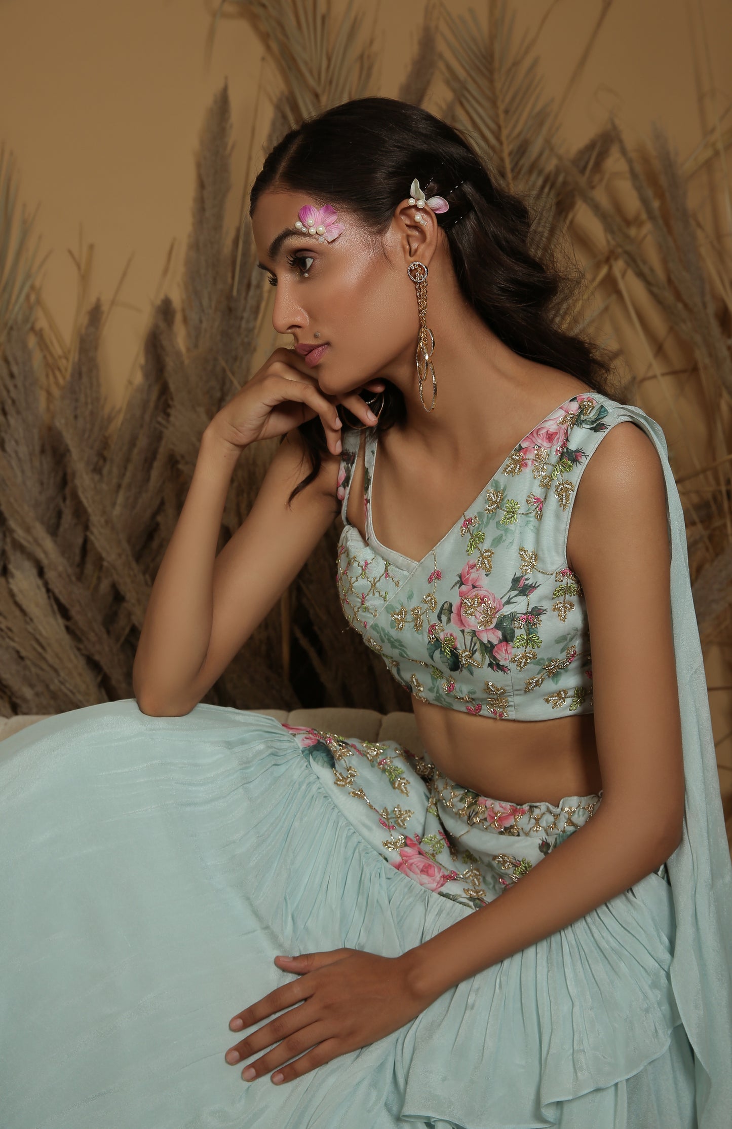 Pastel Blue Embroidered Fusion Lehenga Set