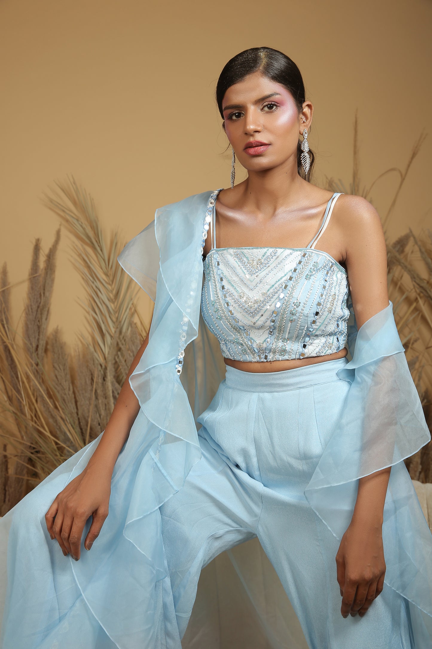 Powder Blue Organza Ruffled Jacket Set