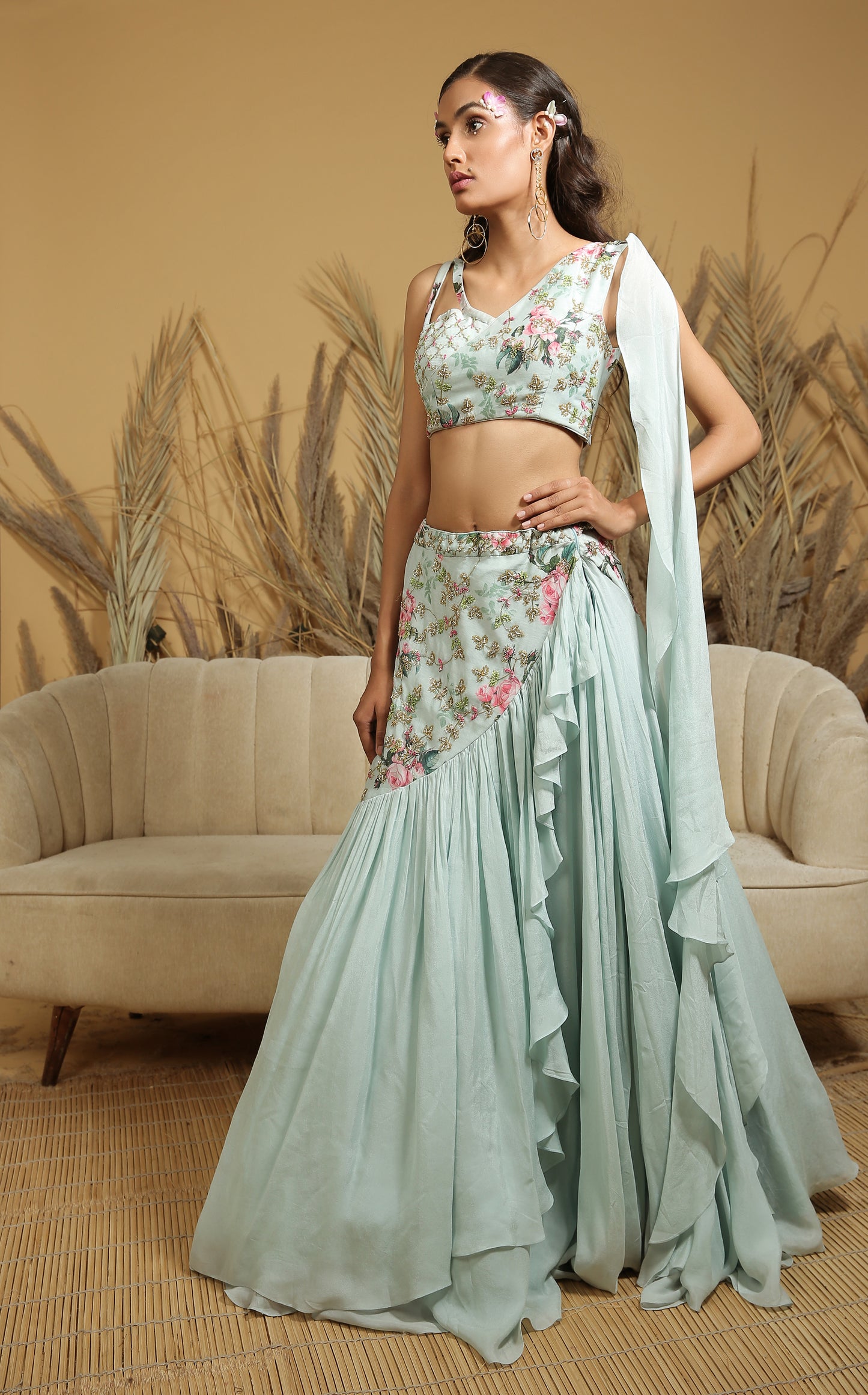 Pastel Blue Embroidered Fusion Lehenga Set
