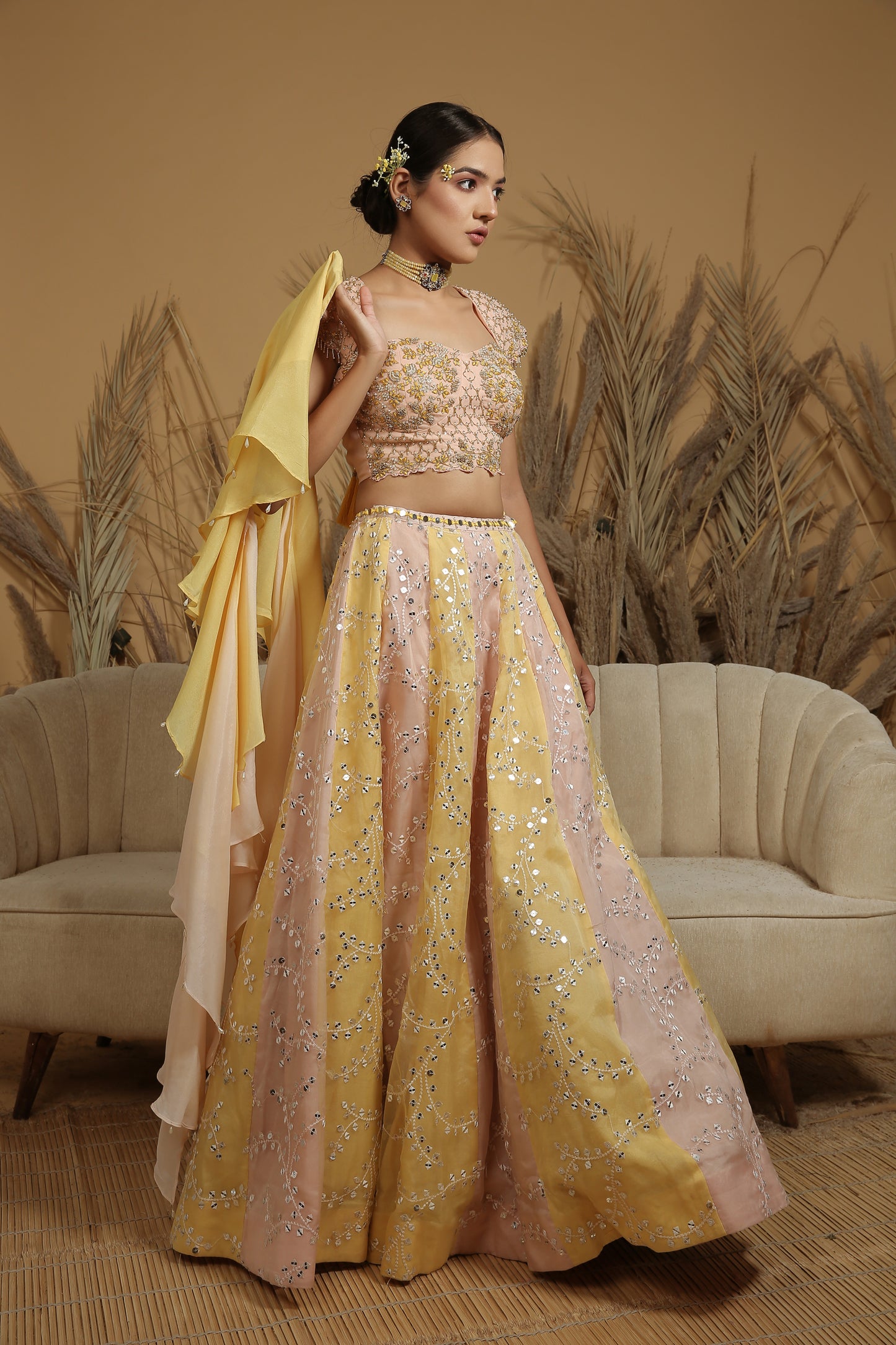 Pastel Yellow & Peach Lehenga Set