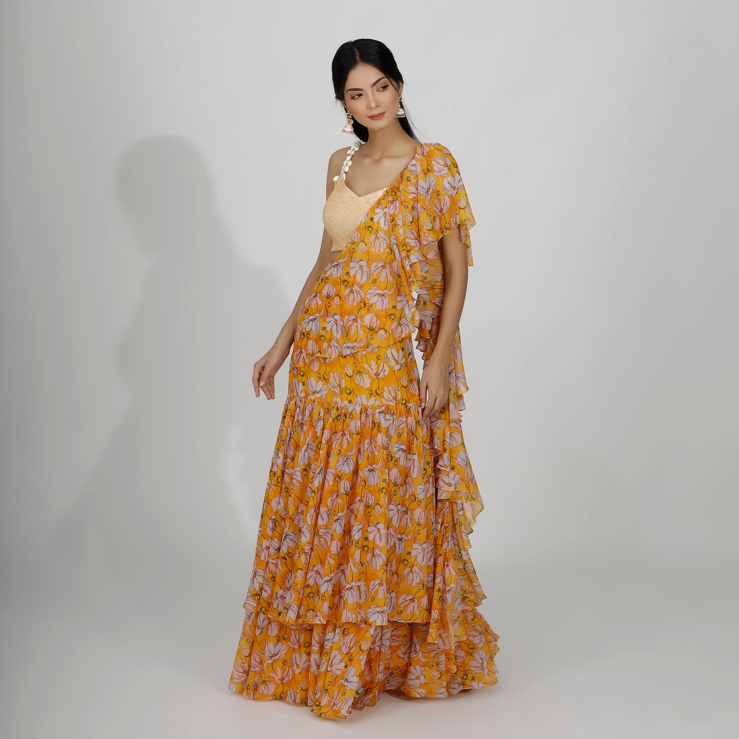 Printed Double ruffled saree