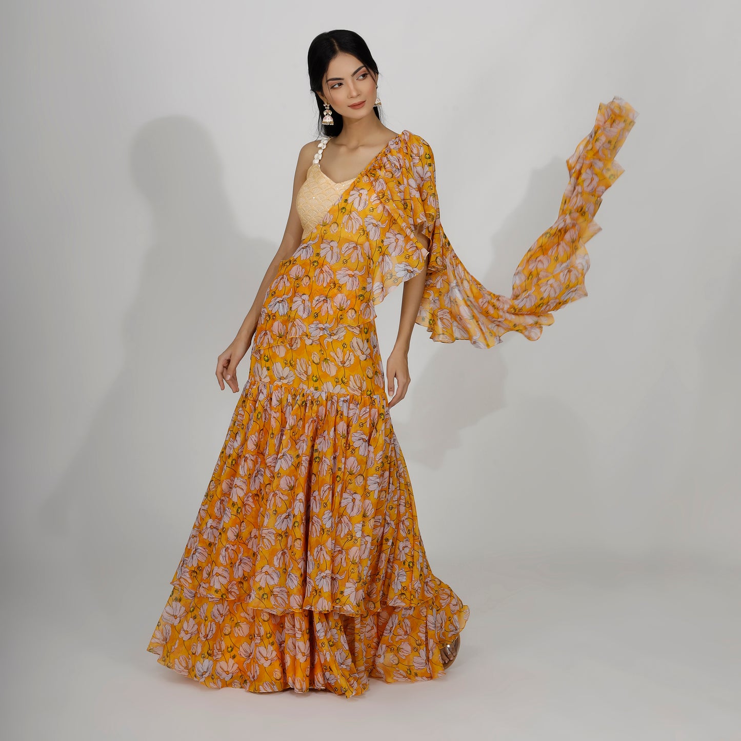 Printed Double ruffled saree