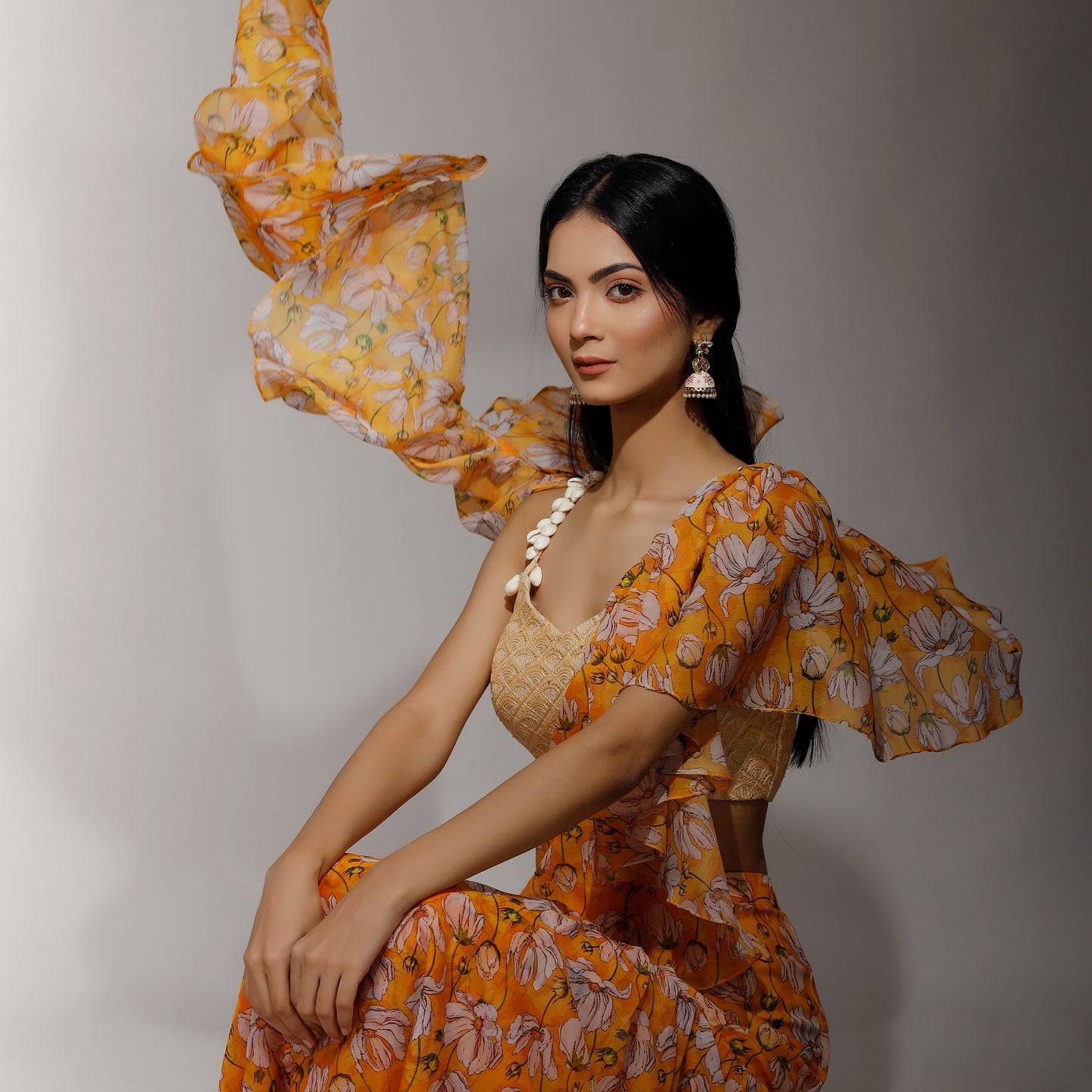 Printed Double ruffled saree