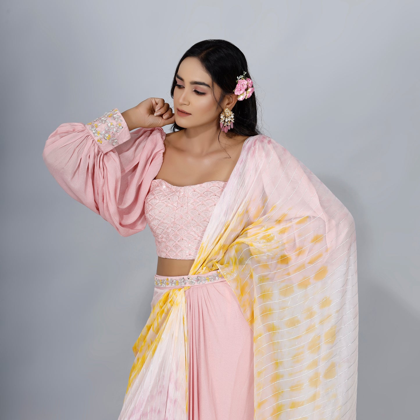 Pastel Pink Printed Draped Saree Set