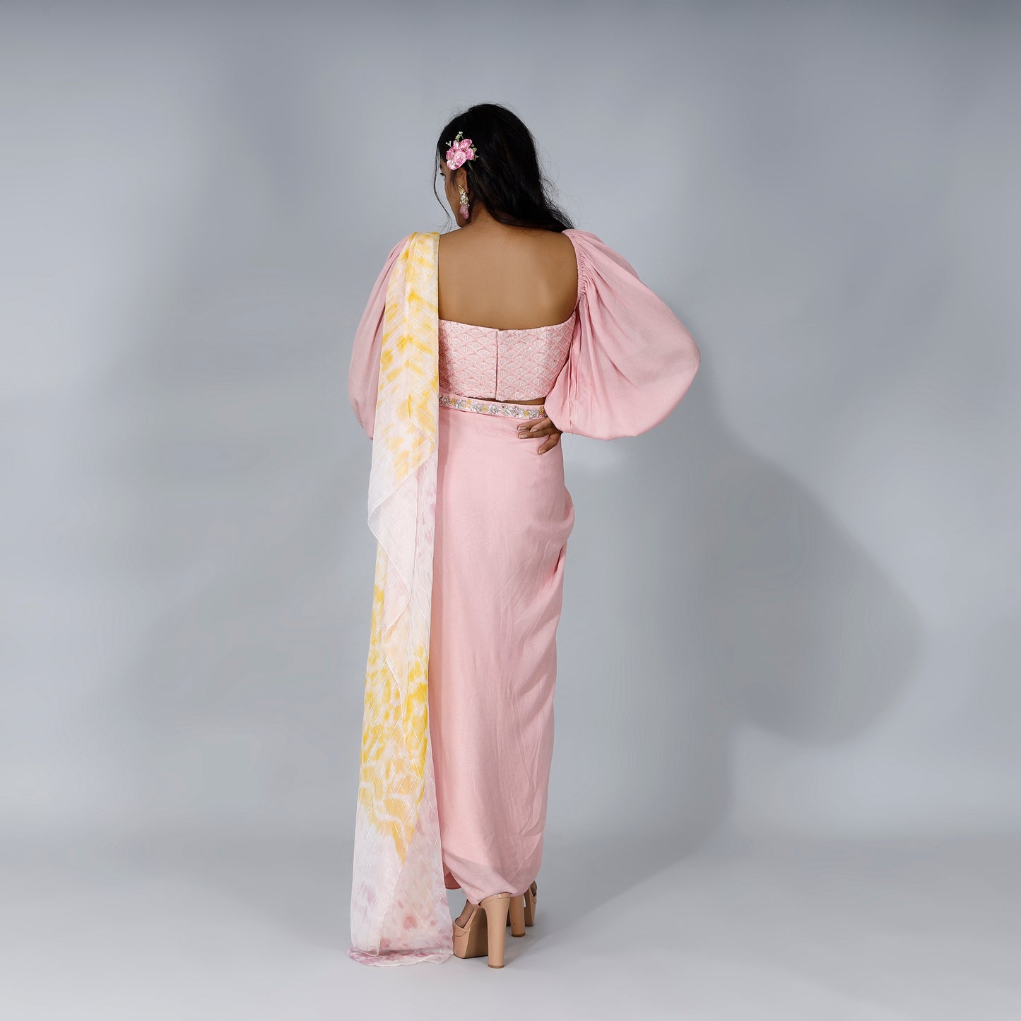 Pastel Pink Printed Draped Saree Set