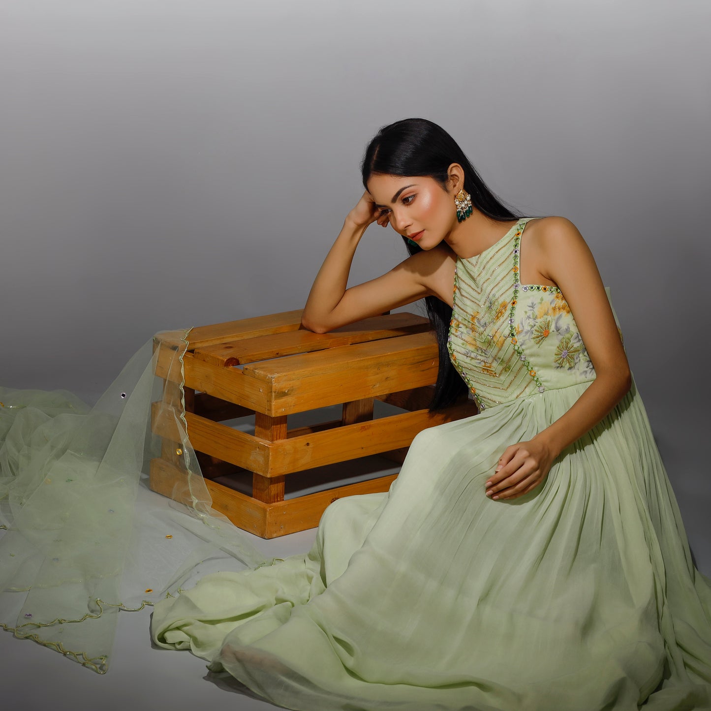 Pastel Green Embroidered Anarkali With Dupatta