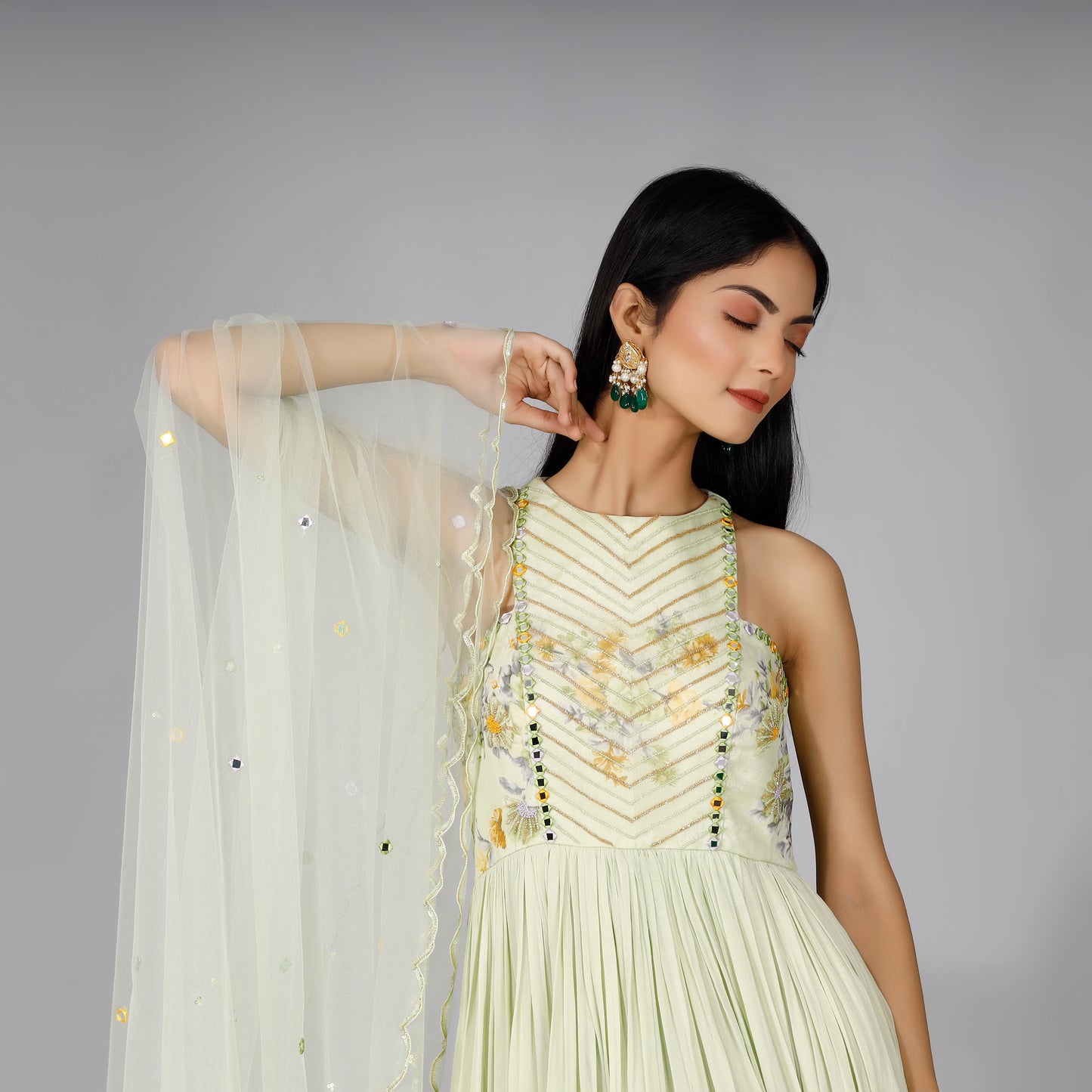 Pastel Green Embroidered Anarkali With Dupatta