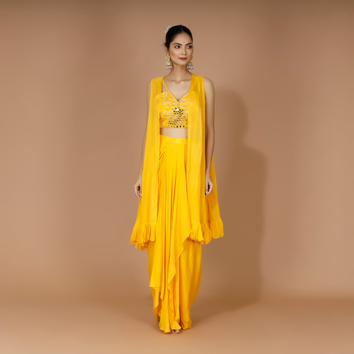 Yellow Georgette Draped Skirt Set