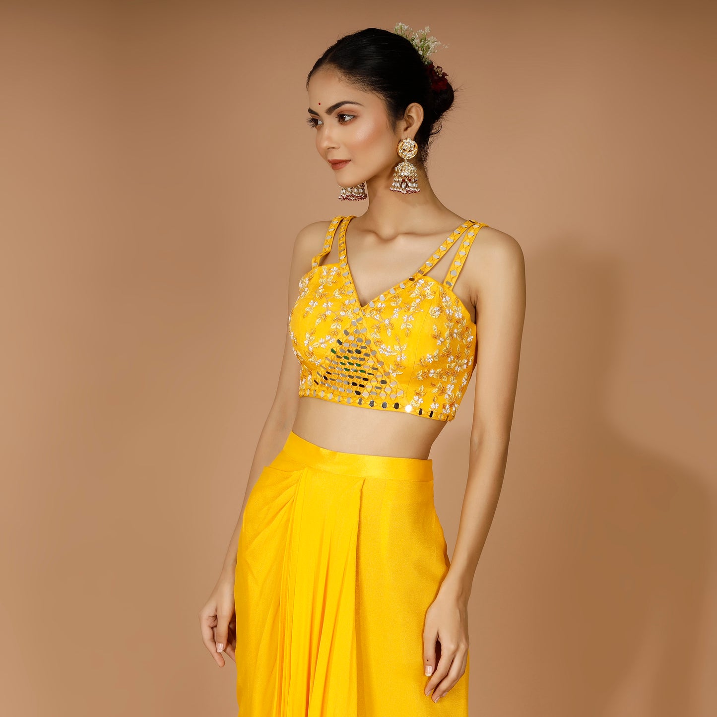 Yellow Georgette Draped Skirt Set