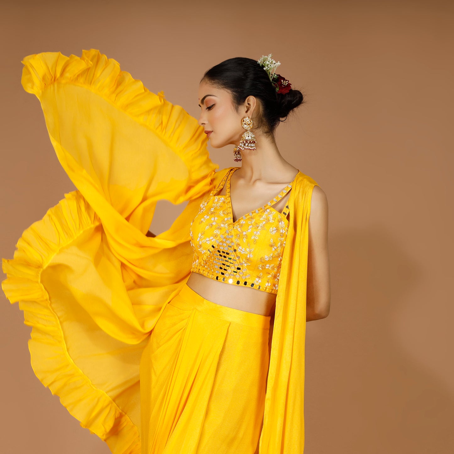 Yellow Georgette Draped Skirt Set