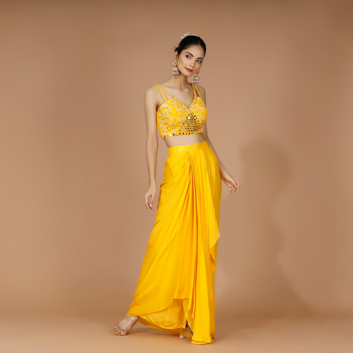 Yellow Georgette Draped Skirt Set