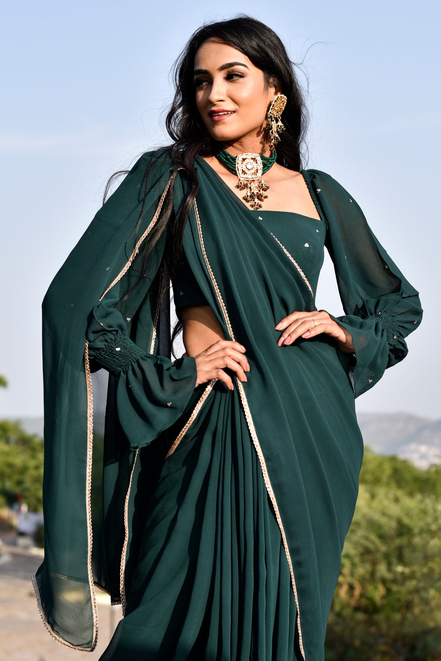 Bottle green saree