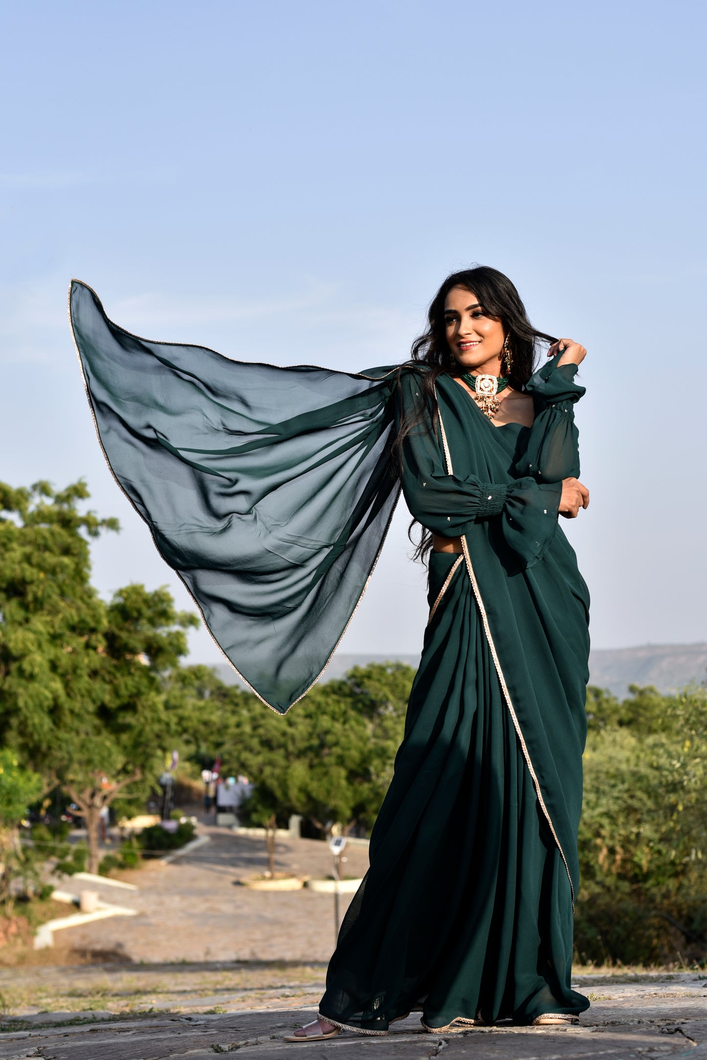 Bottle green saree