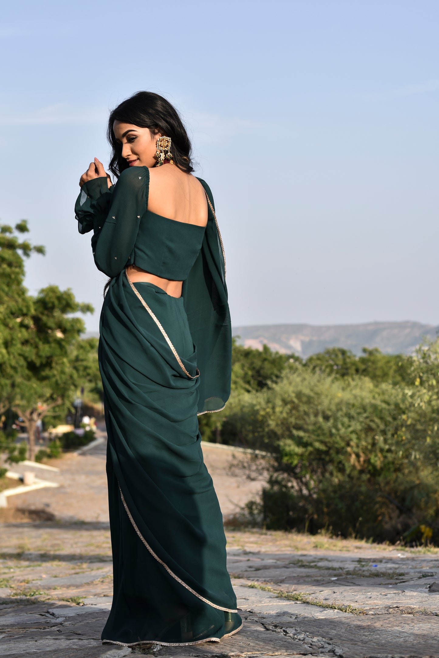 Bottle green saree