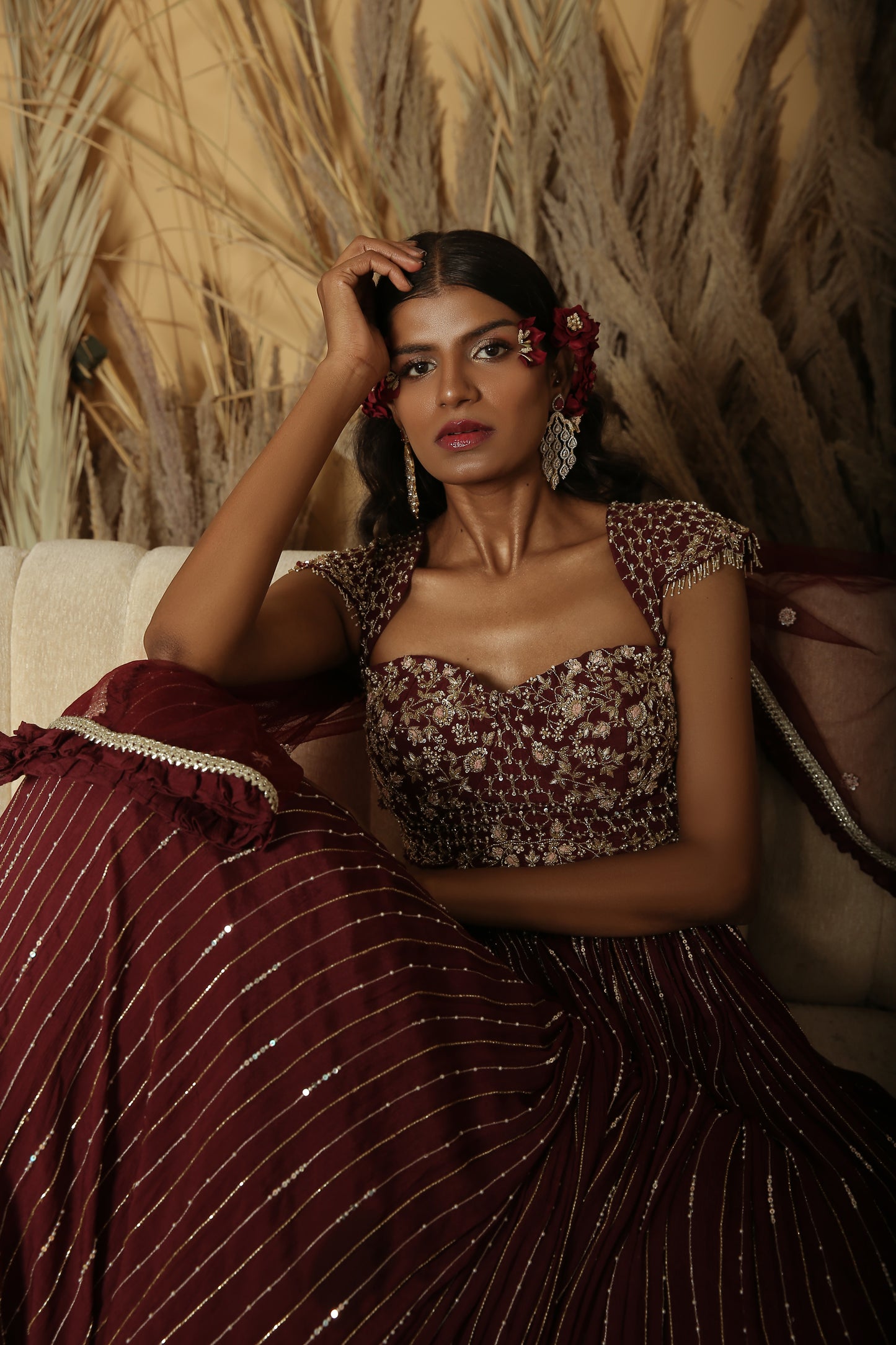 Burgundy Hand Embroidered Lehenga Set