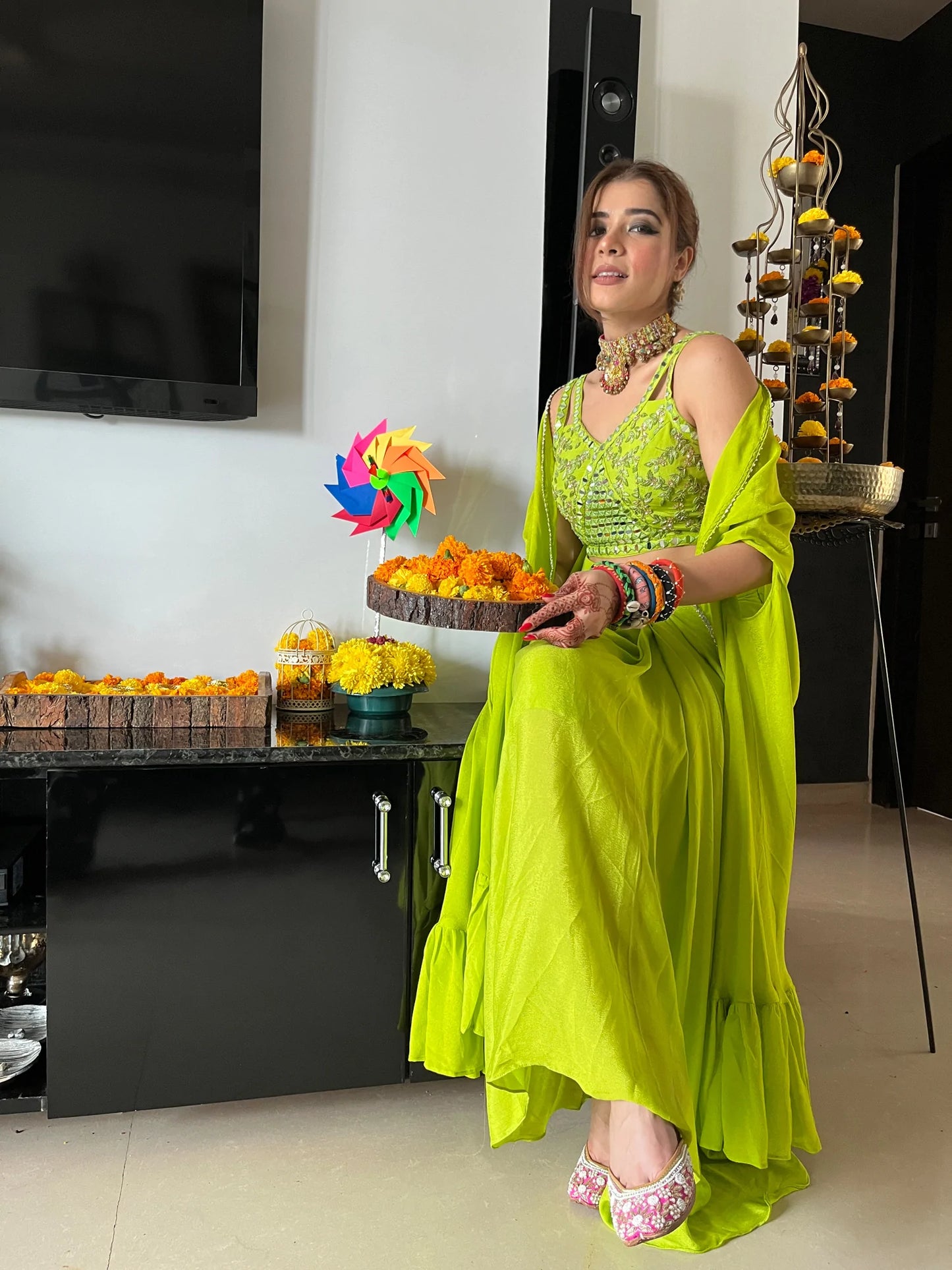 Lime green drape skirt set