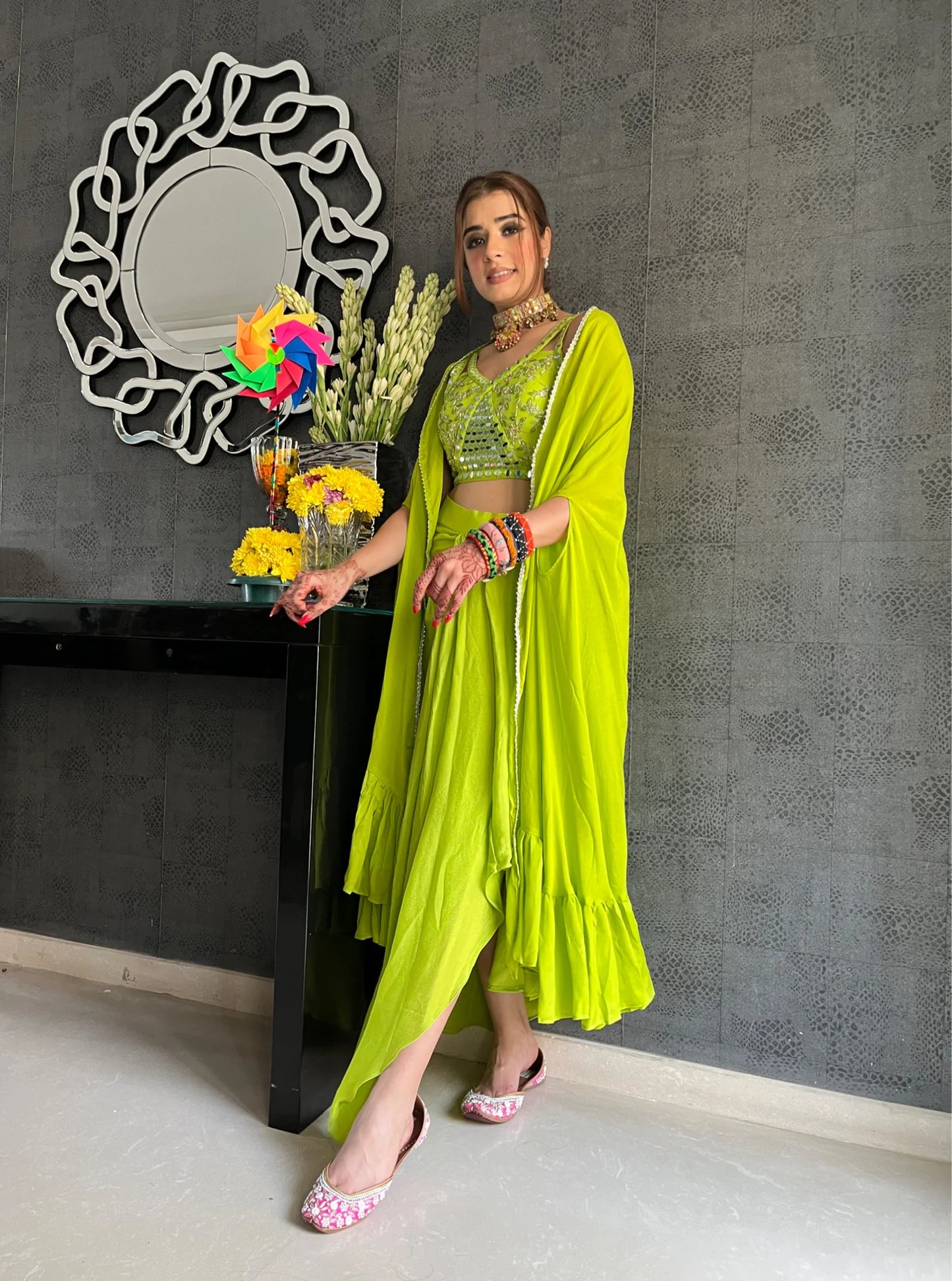 Lime green drape skirt set