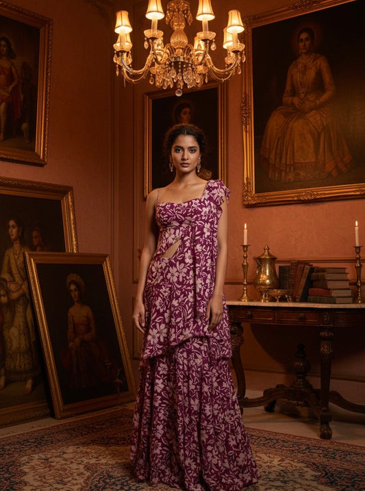 Plum Mini peplum Drape Saree