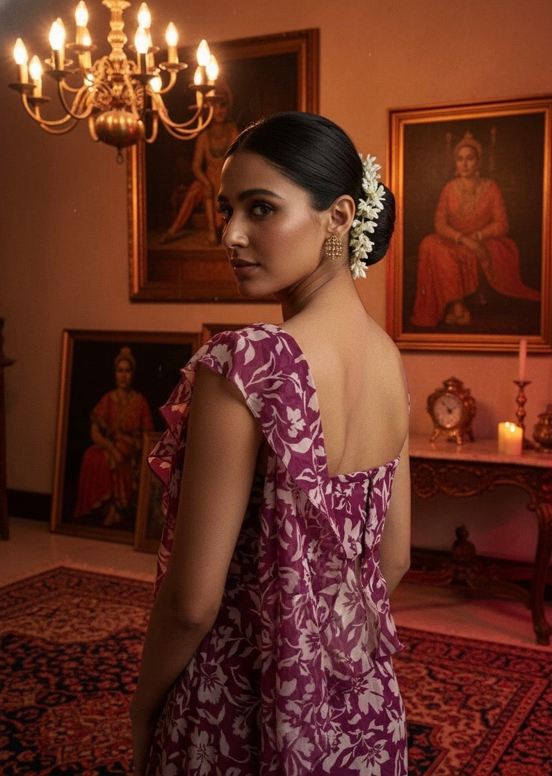 Plum Mini peplum Drape Saree