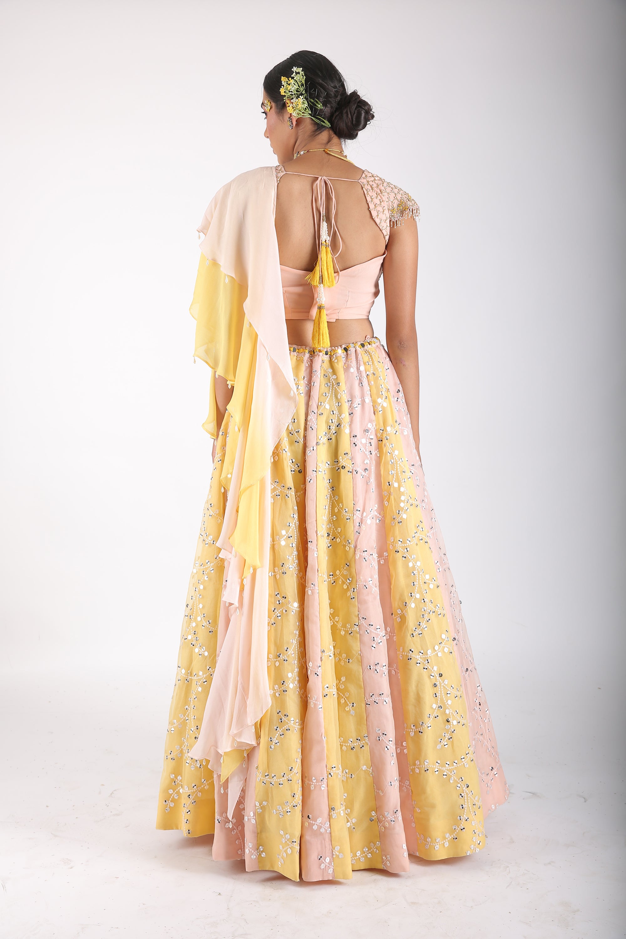 Handcrafted NAK5093 Bridal Yellow Peach Benarasi Silk Jacquard Lehenga