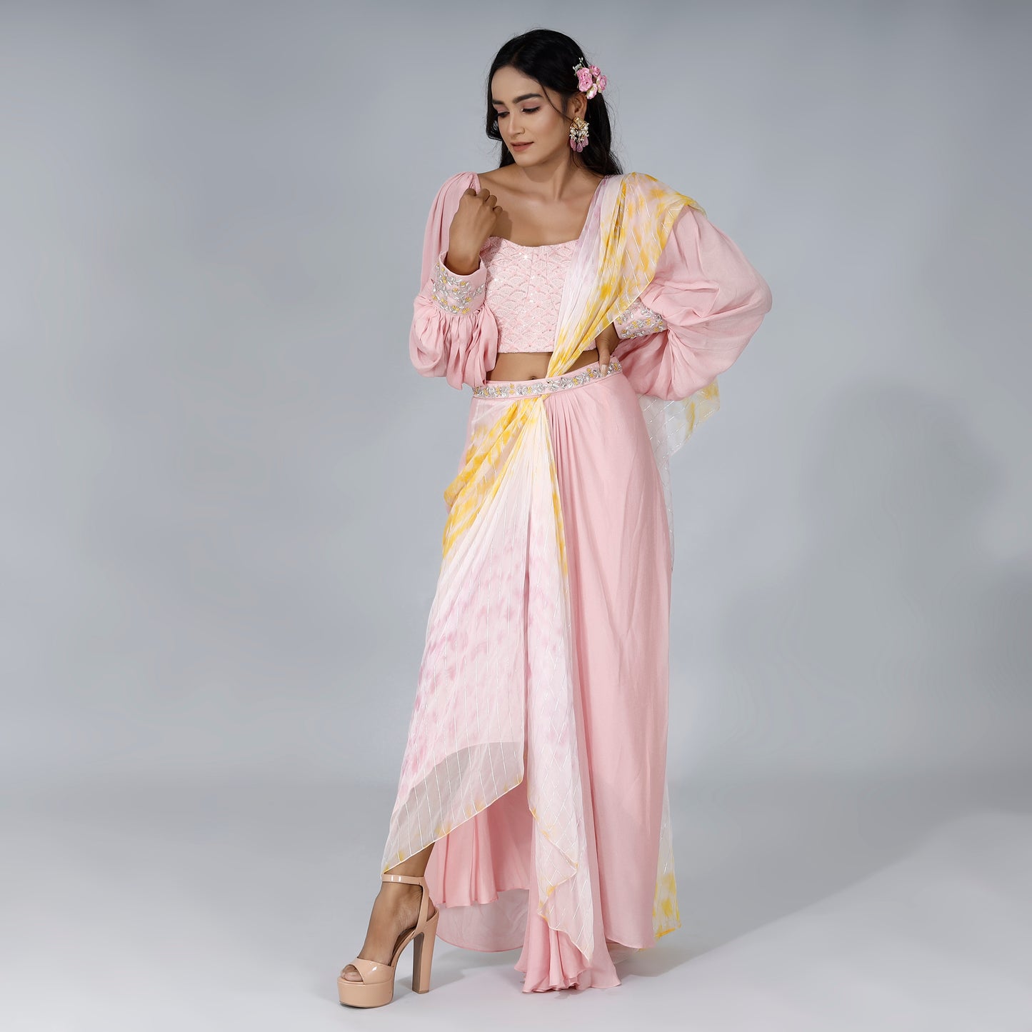 Pastel Pink Printed Draped Saree Set