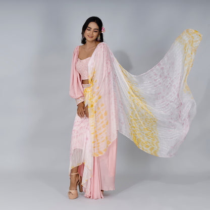 Pastel Pink Printed Draped Saree Set