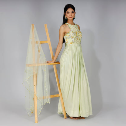 Pastel Green Embroidered Anarkali With Dupatta