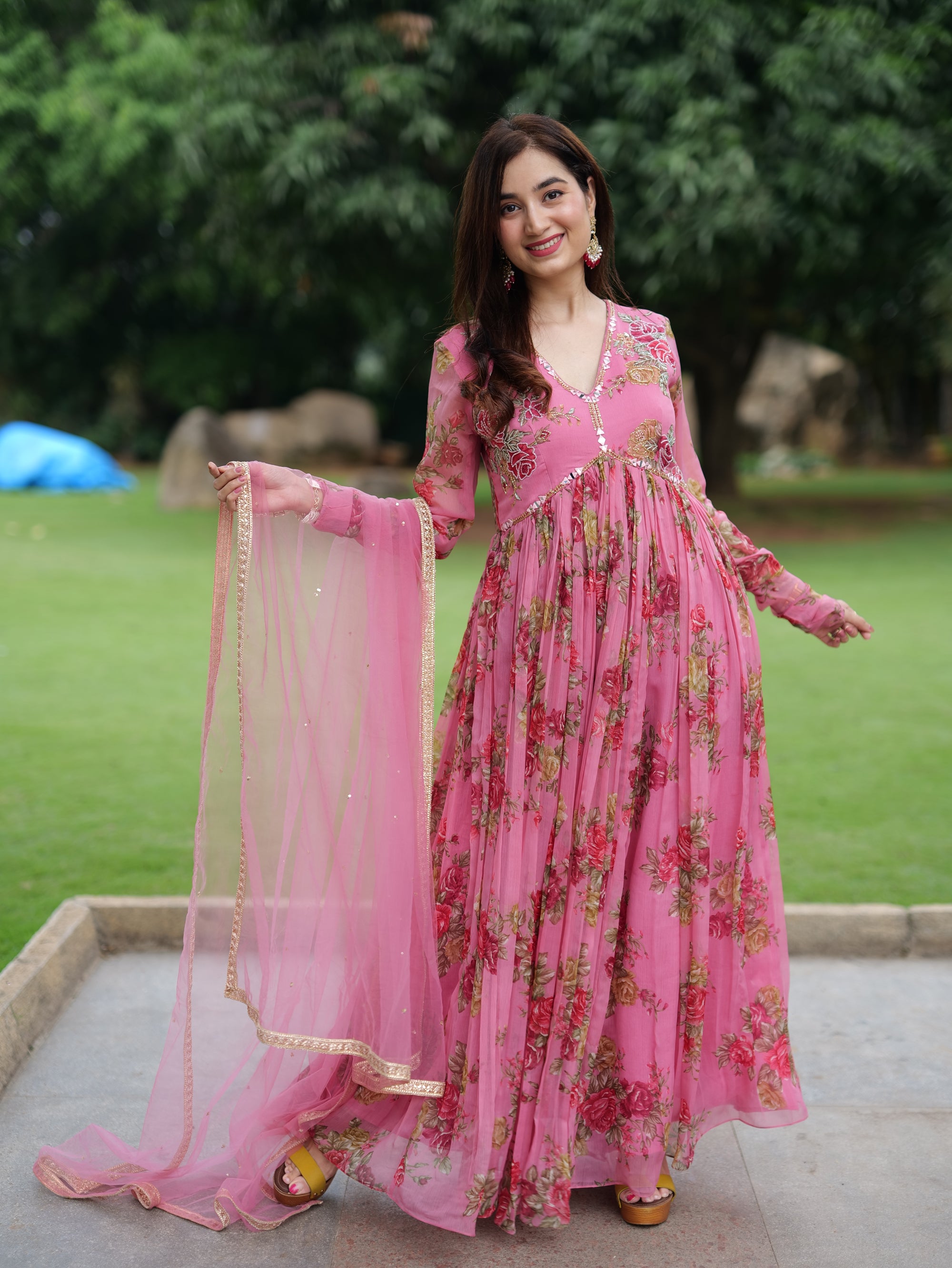 Buy Pink Floral Printed Anarkali Suit with Gotta Work